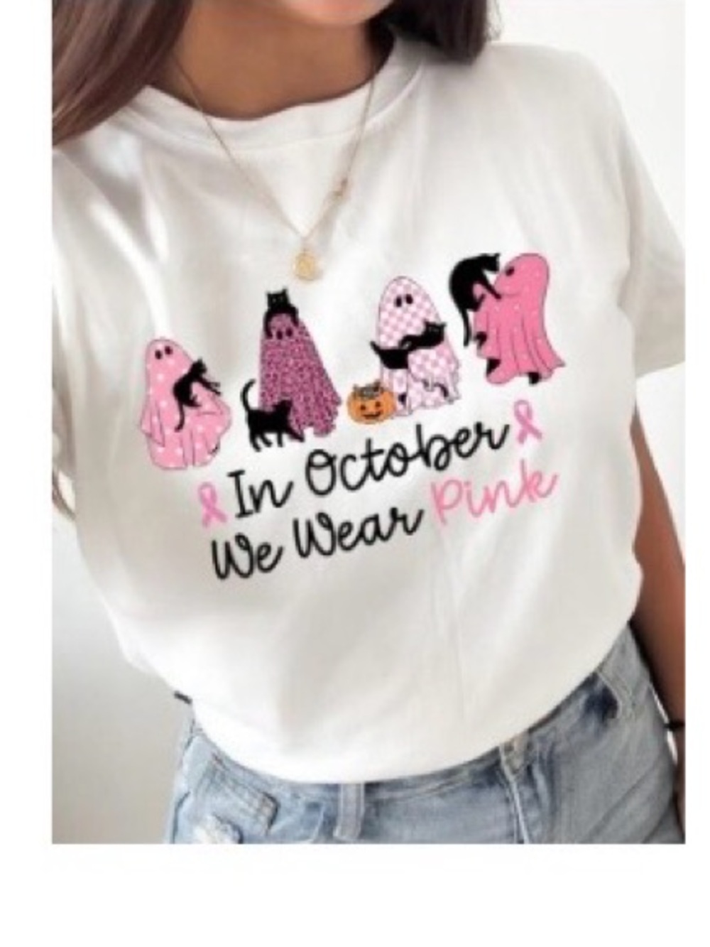 Gildan White Tee with Pink Ghosts & Awareness Script
